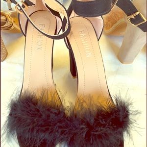 Black W/ Feathers Strappy High Heel Pumps